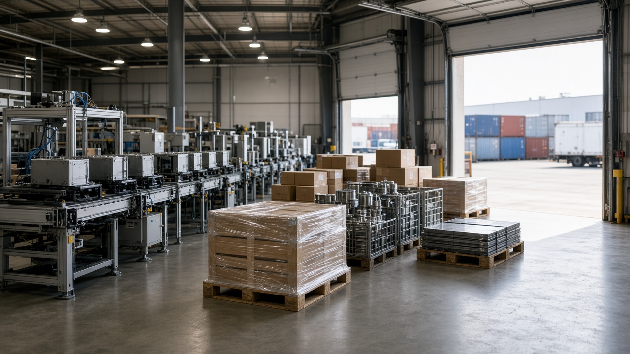 Manufacturing plant interior with imported materials near a production line and shipping containers visible through an open dock door