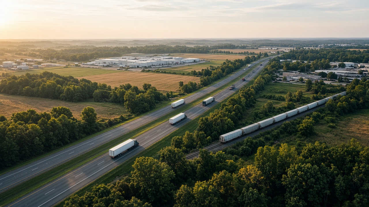 Freight trucks and a rail line along a West Tennessee highway corridor at golden hour